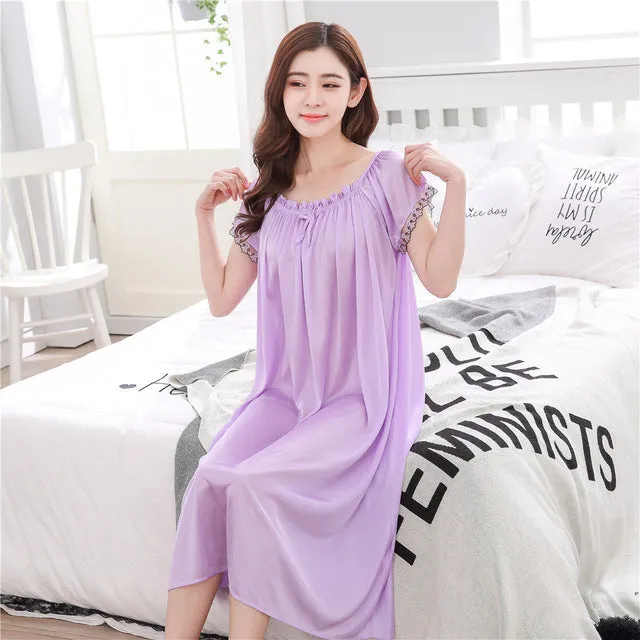 2018 O Neck Women Satin Nightgown Sexy Lace Sleepwear Short Sleeve Ladies Silk Nightwear Sleep Wear Night Gown Lingerie Dress