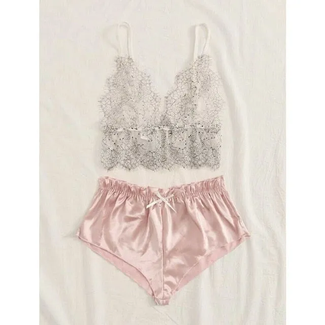 2PCS Women Sexy See-through Lace Silk Crop Top Deep V Neck Sling  Bra High waist Satin Briefs Sleepwear Lingerie Set Exotic Sets