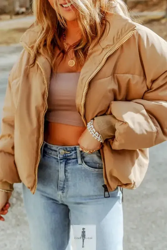 Brown Zip Up Pocketed Puffer Jacket