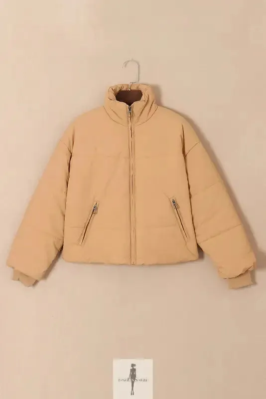 Brown Zip Up Pocketed Puffer Jacket