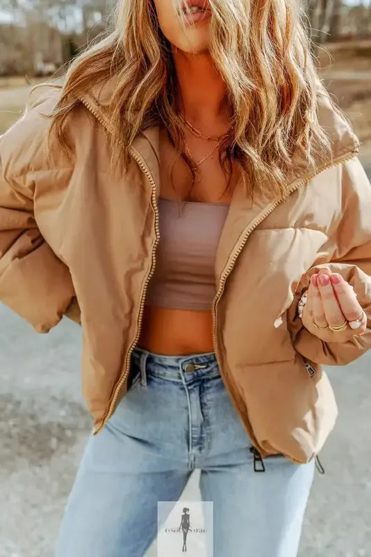 Brown Zip Up Pocketed Puffer Jacket