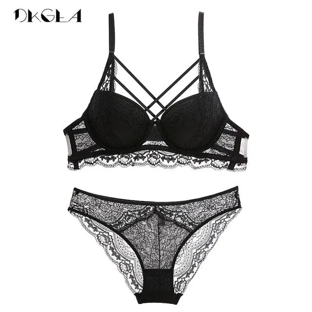 Classic Bandage Black Bra Set Push Up Brassiere Thick Cotton Underwear Set Sexy Bras Lace Embroidery Gather Women Lingerie Sets
