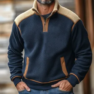 Color Stitching Stand-collar Lambswool Zipper Sweater