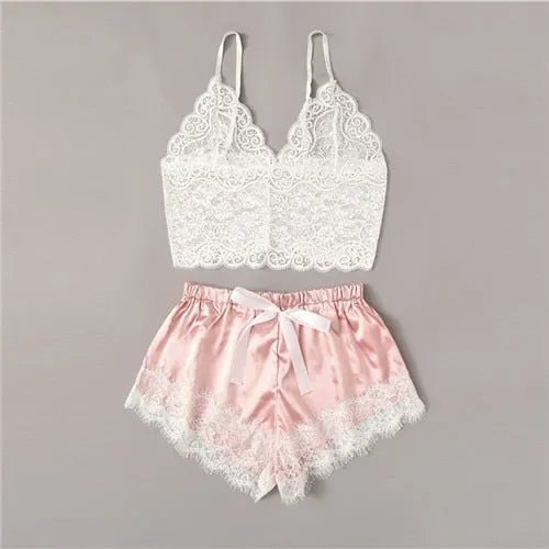 COLROVIE Floral Lace Cami Top With Satin Shorts Lingerie Set Women 2019 Summer Sexy Sets Ladies Bra And Panty Underwear Set