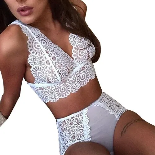 CUPSHE Women Pure White Mesh Lace High waist Lingerie Set Push Up Full Cup Sexy Brassiere Wireless Embroidery Bralette Underwear