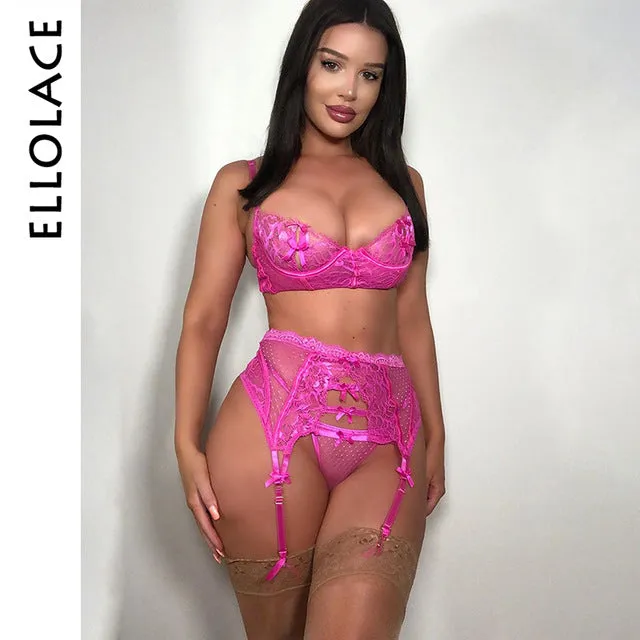 Ellolace Sexy Lace Underwear Sets Women Pink Push Up Lingerie Bra & Brief Sets Bralette and Panties 2019 Fashion New Sexy Sets