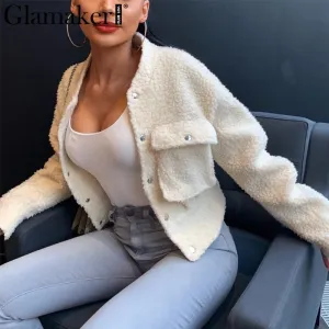 Glamaker Faux fur warm coat furry outwear Women sexy white pocket female teddy coat Autumn fake fur short jacket coat winter