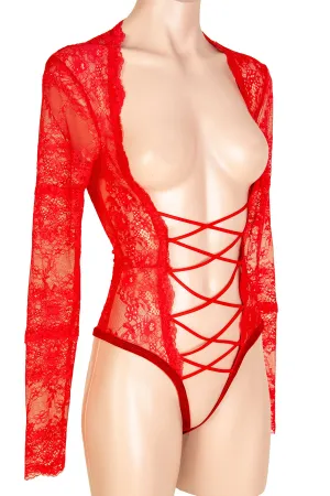 Grace Crotchless Long Sleeve Lace-Up Front Teddy