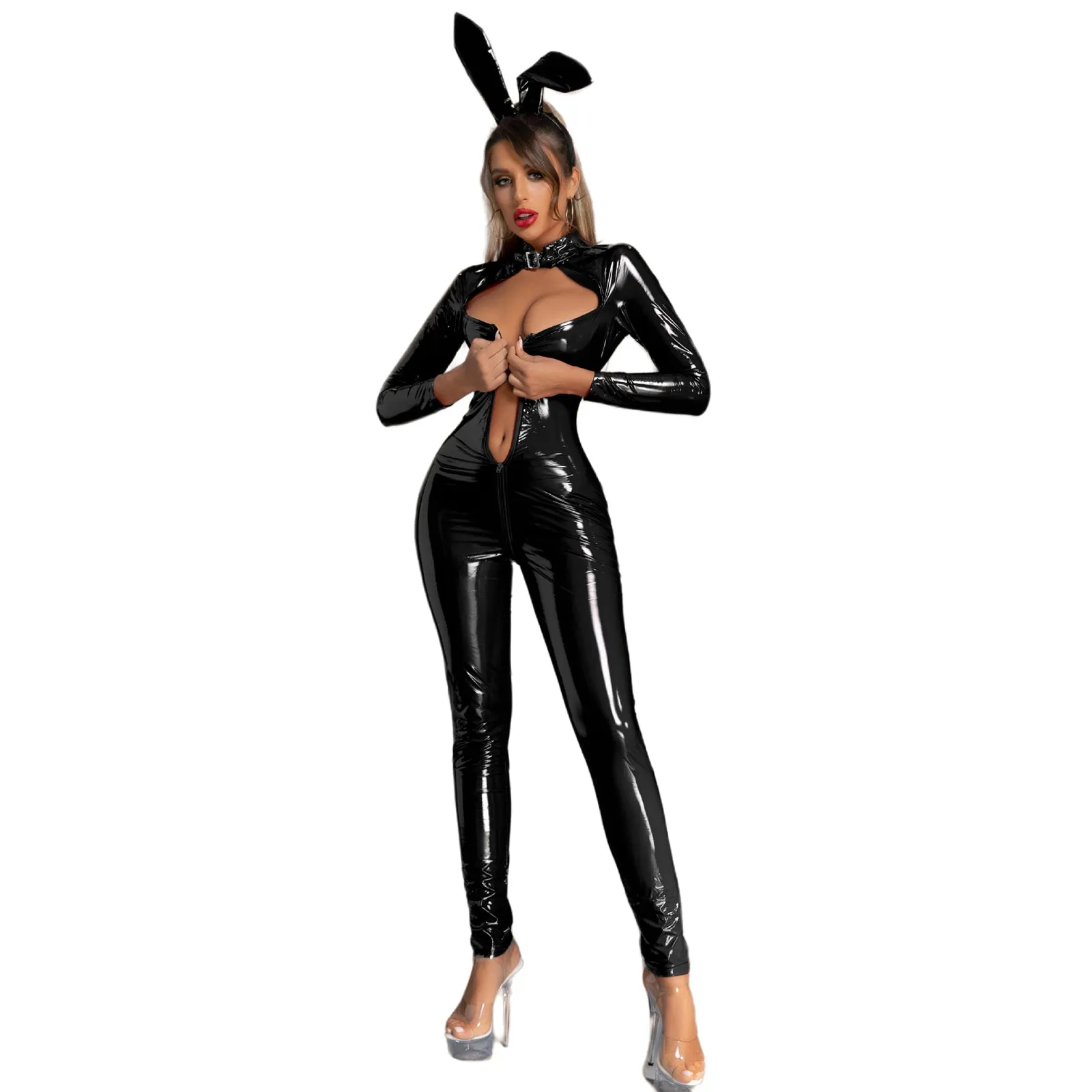 Latex Bunny Girl Outfits Front Zipper Full Body Catsuit PU Leather Night Club Jumpsuit