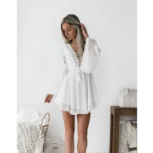 new Girls White Summer Bohemian Mini Dress Women Fashion Spring Solid White Mini Lace Casual Clothes V-neck Long Sleeve Dresses