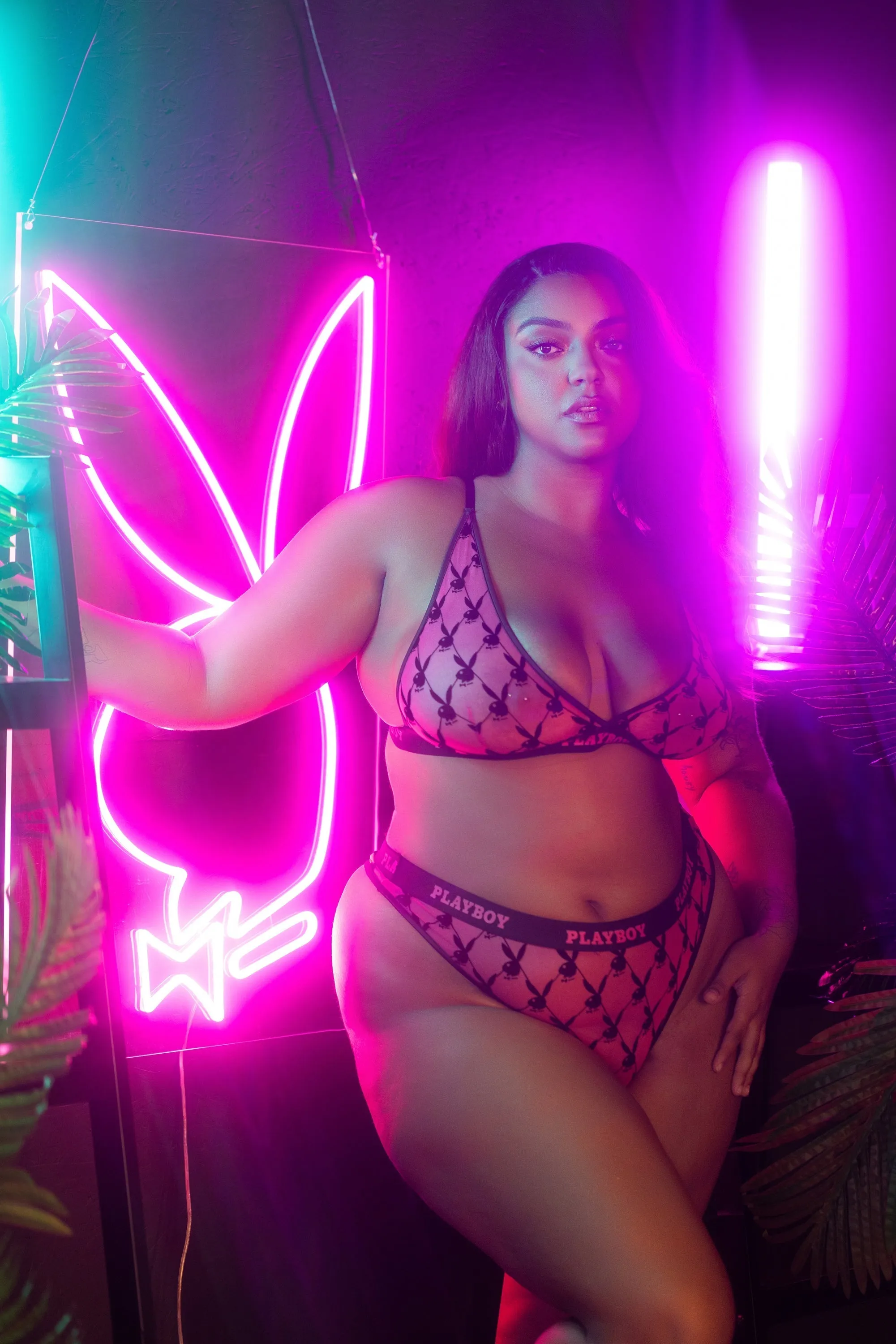 Playboy Flocked Bunny Bralette Bra Set Pink Mesh Logo Flock Plus Size