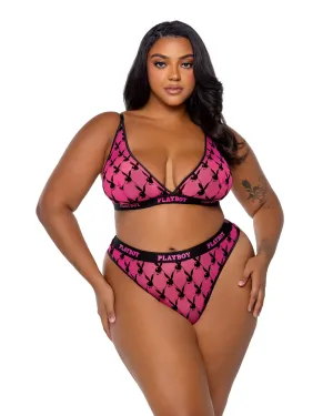 Playboy Flocked Bunny Bralette Bra Set Pink Mesh Logo Flock Plus Size