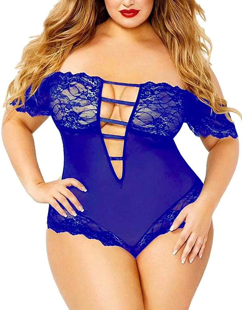 Plus Size Lingerie for Women. Sexy Off-Shoulder See Through Sheer Mesh Plunging Lace Trim Teddy