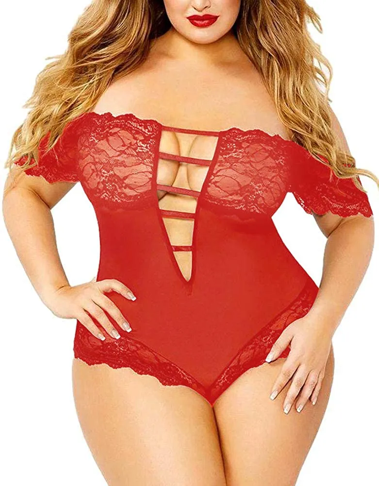 Plus Size Lingerie for Women. Sexy Off-Shoulder See Through Sheer Mesh Plunging Lace Trim Teddy