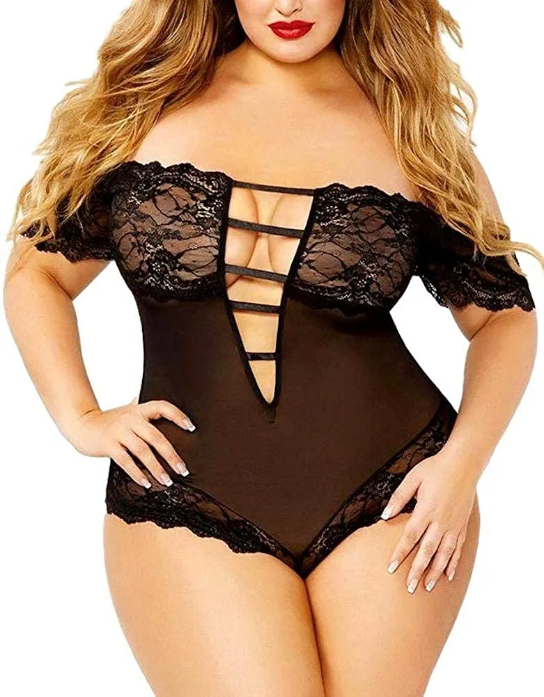 Plus Size Lingerie for Women. Sexy Off-Shoulder See Through Sheer Mesh Plunging Lace Trim Teddy