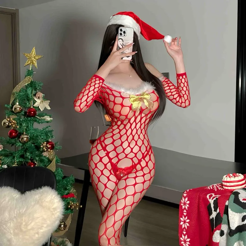 SD-1123 Sexy plush big mesh Christmas one-piece net. long sleeves. straight shoulder. see-through open net stockings