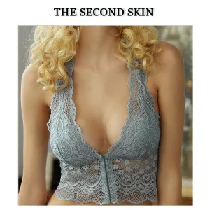 Sexy Lace Bralette Top Push Up Backless Bra For Women Wireless Plus Size LongLine Thin Cotton Lingerie Underwear Brassiere White