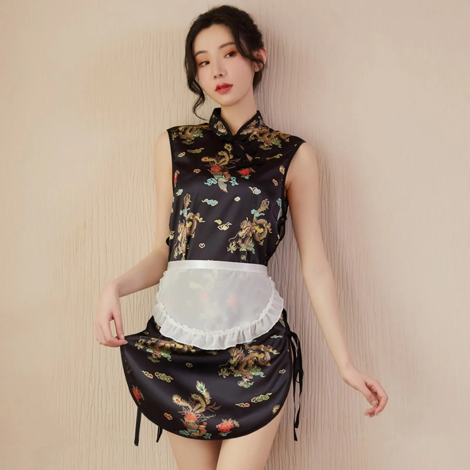 Sexy Maid Costume Exotic Maid Dress Chinese Split Dress with Maid Apron