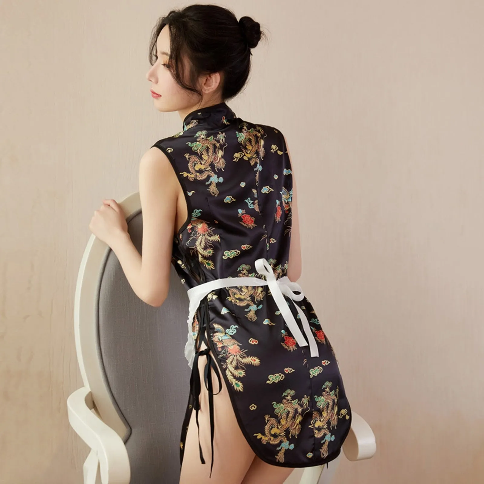 Sexy Maid Costume Exotic Maid Dress Chinese Split Dress with Maid Apron