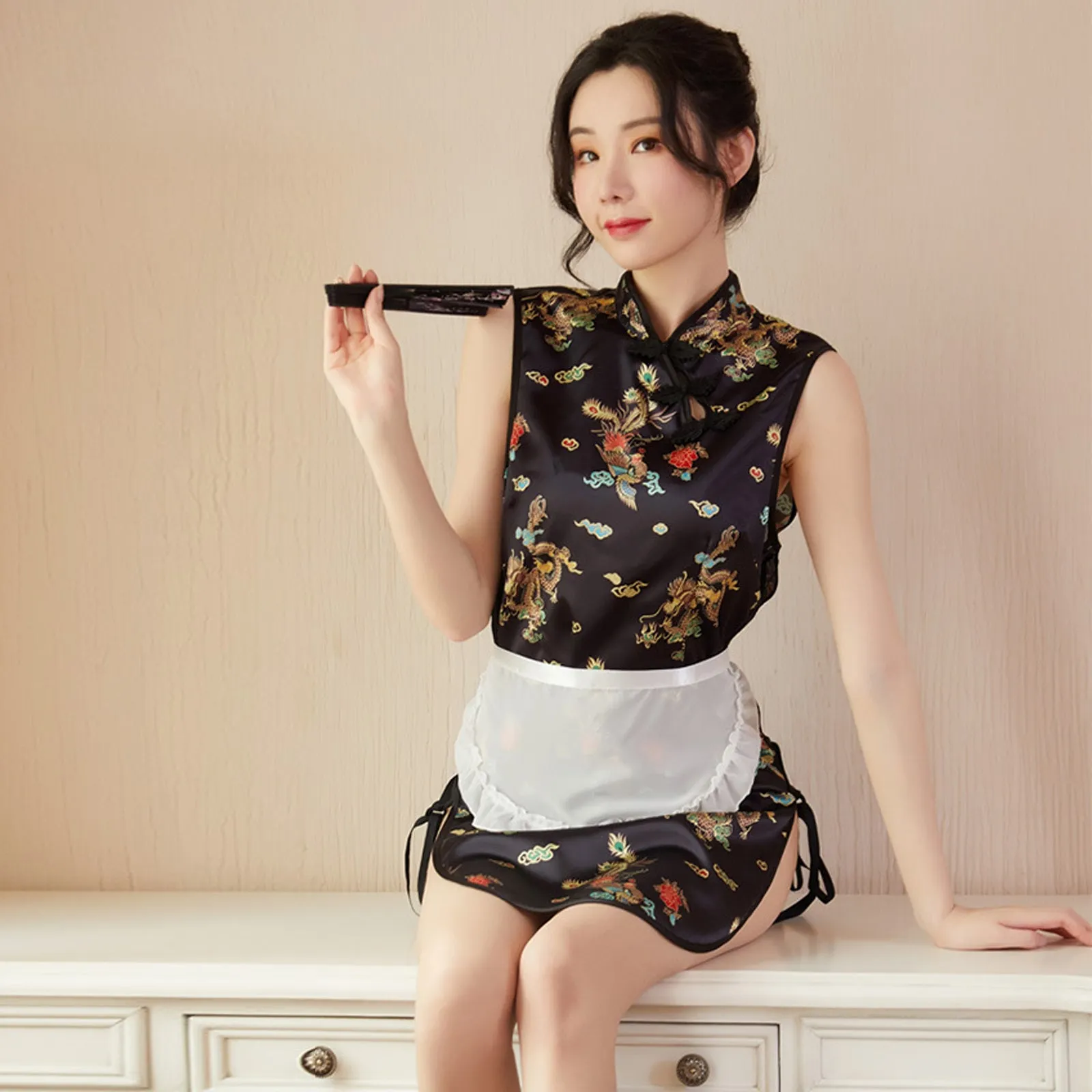 Sexy Maid Costume Exotic Maid Dress Chinese Split Dress with Maid Apron