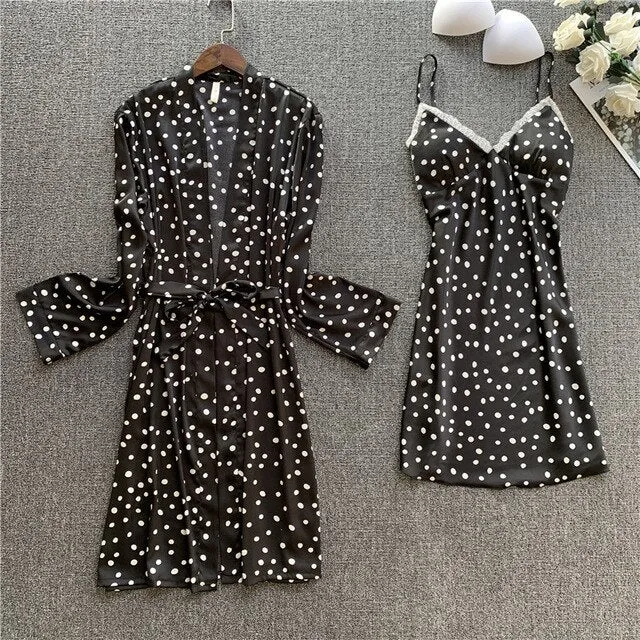 Silk Sleepwear Sets Lingerie with Robe Women Home Clothes Satin Pajamas Dress Nigty Sleep Long Sleeve Nightgown Lounge Wear Set