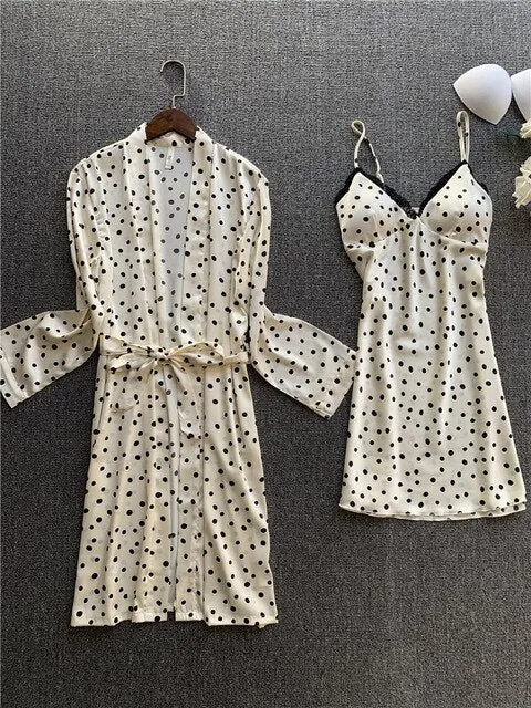 Silk Sleepwear Sets Lingerie with Robe Women Home Clothes Satin Pajamas Dress Nigty Sleep Long Sleeve Nightgown Lounge Wear Set