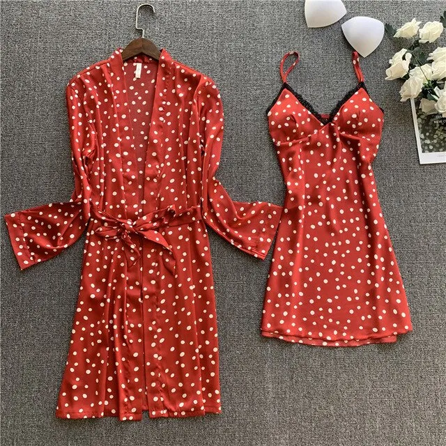 Silk Sleepwear Sets Lingerie with Robe Women Home Clothes Satin Pajamas Dress Nigty Sleep Long Sleeve Nightgown Lounge Wear Set