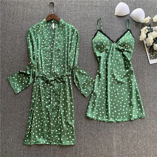 Silk Sleepwear Sets Lingerie with Robe Women Home Clothes Satin Pajamas Dress Nigty Sleep Long Sleeve Nightgown Lounge Wear Set