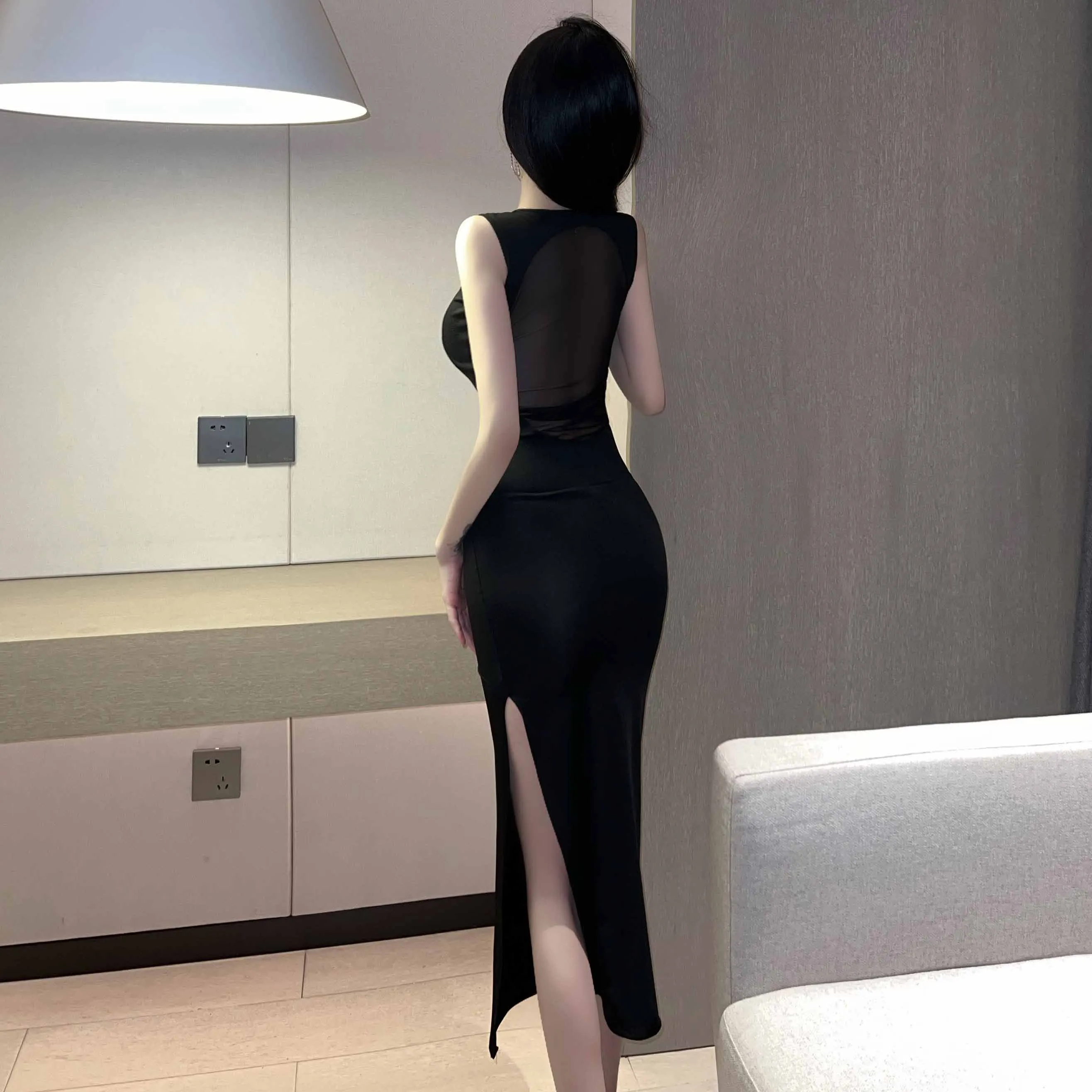 T-1228 Sheer mesh paneled high-slit dress